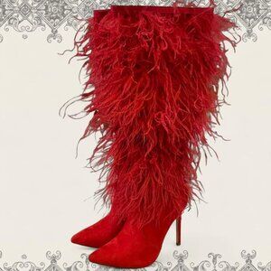 Red fuzzy knee high stiletto boots